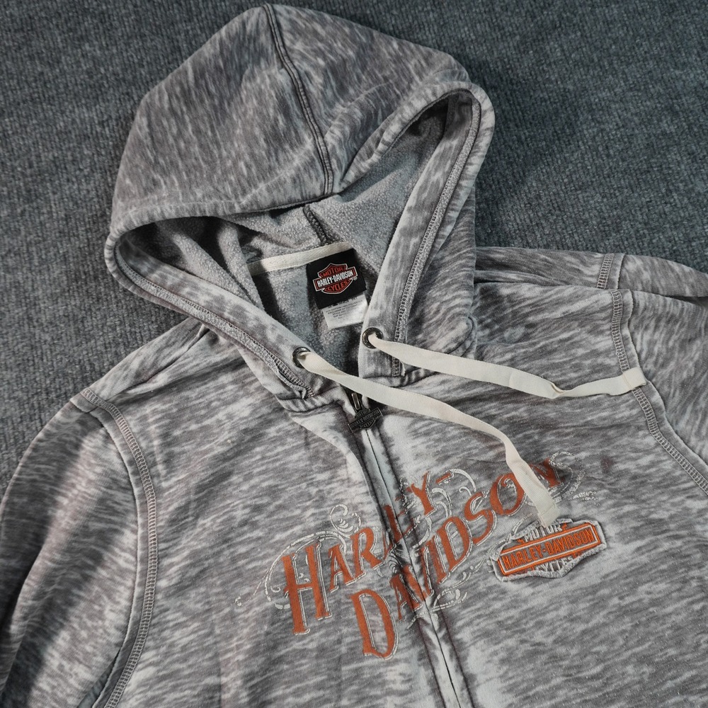 Harley Davidson Hoodie Womens Large Gray Burnout Zip Up Distressed Moto Graphic